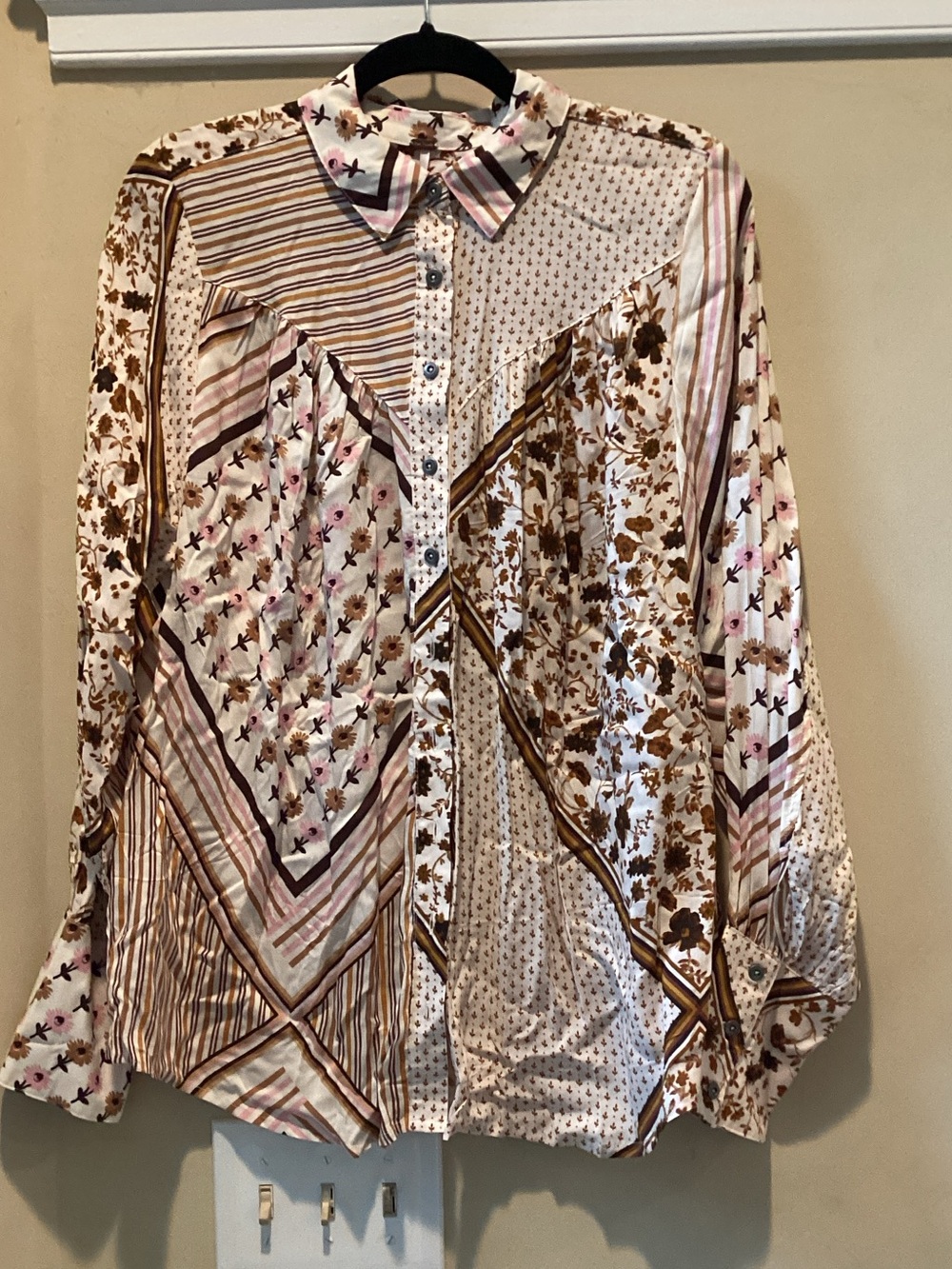 Free People Mixed Floral & Stripe Button-Up Blouse in Cream, Brown & Pink